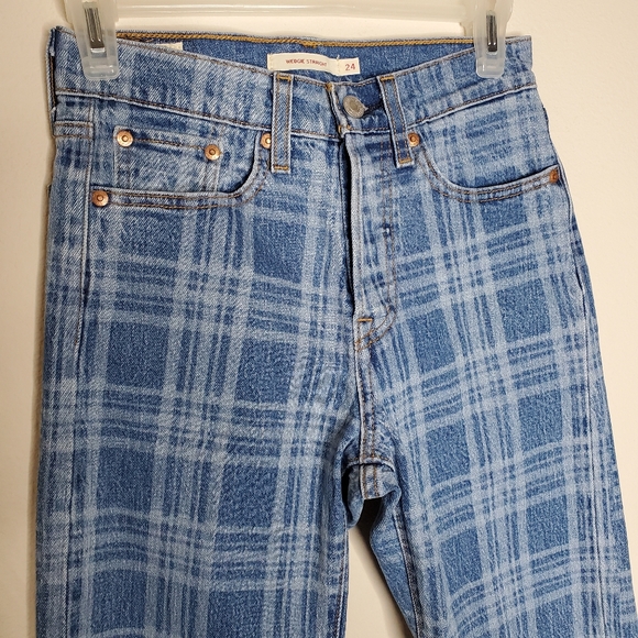 Levi's x Free People Blue Plaid Print High Rise Button Fly Wedgie Straight Jeans - Picture 5 of 13